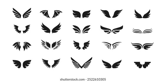 Vector de ala. Conjunto de iconos de alas. ala de plumas de ángel, silueta. Mosca lineal ángeles alados, cielo volador dibujado a mano doodle iconos. Ilustración vectorial