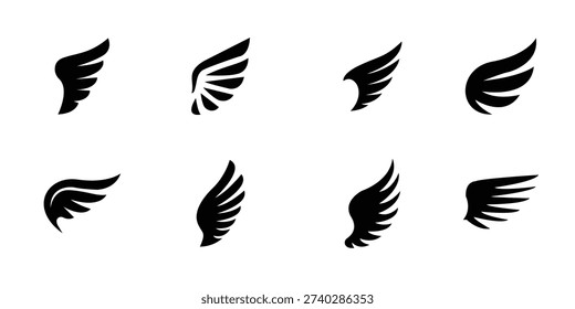 wing vector set icon set . Various artistic wing illustrations, bird, angel, bat, eagle, and minimalist wing icons on white background . eps 10
