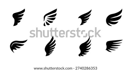 wing vector set icon set . Various artistic wing illustrations, bird, angel, bat, eagle, and minimalist wing icons on white background . eps 10