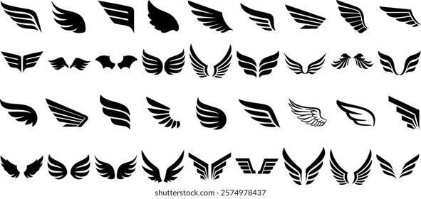 wing vector set, wing logo designs. Various artistic wing illustrations, bird, angel, bat, eagle, and minimalist wing icons for branding, tattoos, emblems, or fantasy design projects