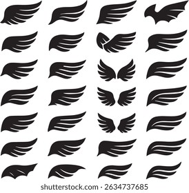 wing vector set, wing logo designs. Various artistic wing illustrations, bird, angel, bat, eagle, and minimalist wing icons for branding, tattoos, emblems, or fantasy design 