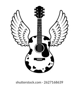 Guitarra acústica alada ilustração em preto e branco	