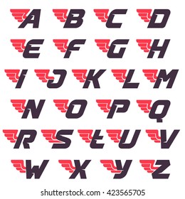 Winged alphabet logos design template. Vector sport style typeface for sportswear, sports club, app icon, corporate identity, labels or posters.