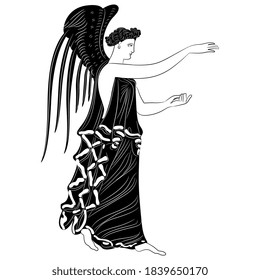 Winged ancient Greek goddess. Antique angel. Black and white silhouette.