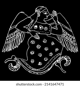 Winged ancient Greek goddess Eris or Nike. Vase painting style. Hand drawn linear doodle rough sketch. White silhouette on black background.