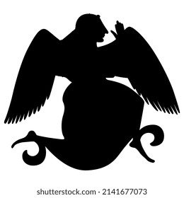 Winged ancient Greek goddess Eris or Nike. Vase painting style. Black silhouette on white background.