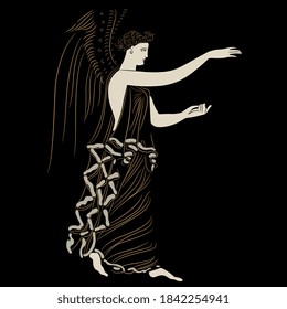 Winged ancient Greek goddess. Nike or Hebe. Antique angel. Vase painting style.