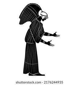 Winged ancient Greek goddess Nike. Vase painting style. Antique angel. Black and white negative silhouette.