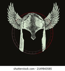 winged ancient greek helmet t-shirt design isolated on black, 