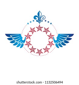 Winged ancient pentagonal Star emblem, the best. Heraldic vector design element decorated with Lily flower, premium symbol.  Retro style label, heraldry logo.