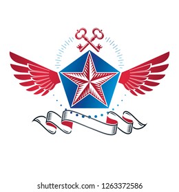 Winged ancient pentagonal Star emblem decorated with keys, security theme. Heraldic vector design element, guaranty symbol.  Retro style label, heraldry logo.