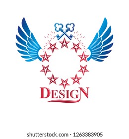 Winged ancient pentagonal Star emblem decorated with keys, security theme. Heraldic vector design element, guaranty symbol.  Retro style label, heraldry logo.