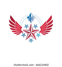 Winged ancient pentagonal Star emblem, the best. Heraldic vector design element decorated with Lily flower, premium symbol.  Retro style label, heraldry logo.