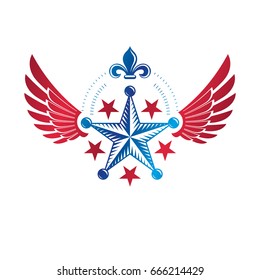 Winged ancient pentagonal Star emblem, the best. Heraldic vector design element decorated with Lily flower, premium symbol.  Retro style label, heraldry logo.