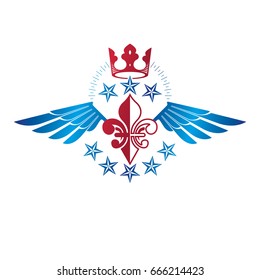 Winged ancient Star emblem decorated with imperial crown. Heraldic vector design element, 5 stars award symbol.  Retro style label, heraldry logo.