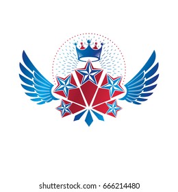 Winged ancient Star emblem decorated with imperial crown. Heraldic vector design element, 5 stars award symbol.  Retro style label, heraldry logo.