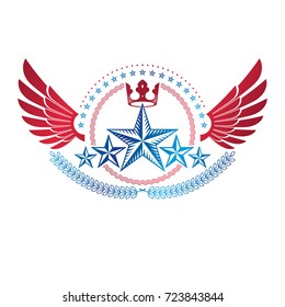 Winged ancient Star emblem decorated with imperial crown. Heraldic vector design element, 5 stars award symbol.  Retro style label, heraldry logo.