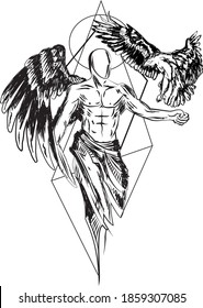 A winged angel with an eagle on his shoulder