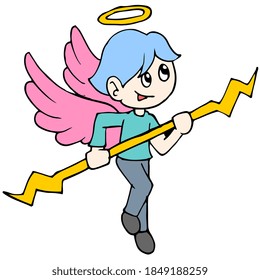 a winged angel was flying carrying his wand. cartoon illustration sticker mascot emoticon