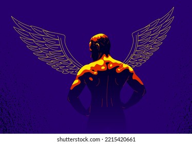 Winged Angel With Muscular Strong Body Back View Vector Illustration, Guardian Angel Concept, The Power Of Good, Strength Of Good.