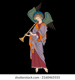 Winged angel playing the trumpet. Medieval Christian symbol. On black background.