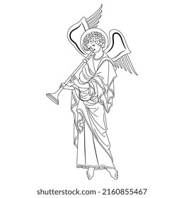 Winged angel playing the trumpet. Medieval Christian symbol. Black and white linear silhouette.