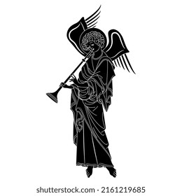 Winged angel playing the trumpet. Medieval Christian symbol. Black and white negative silhouette.