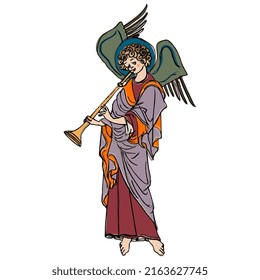 Winged angel playing the trumpet. Medieval Christian symbol. Hand drawn colorful rough sketch.