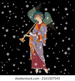 Winged angel playing the trumpet under snowflakes. Seasonal Christmas design. On black background.