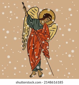 Winged angel under snowflakes. Religious winter Christmas design. On light background. 