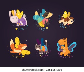 Winged Animal Characters Flying with Magic Wand Vector Set
