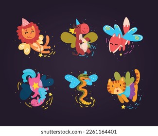 Winged Animal Characters Flying with Magic Wand Vector Set
