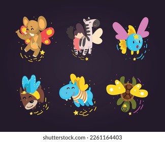 Winged Animal Characters Flying with Magic Wand Vector Set