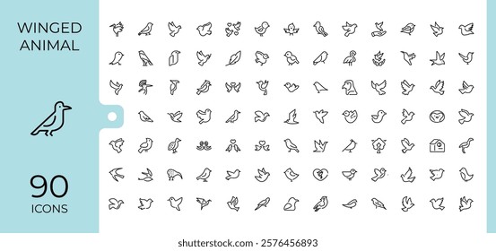 Winged Animal icon set. It contains symbols to silhouette, wild, style, freedom, graphic, penguin, wings and more. Symbol. Editable stroke. Vector illustration.