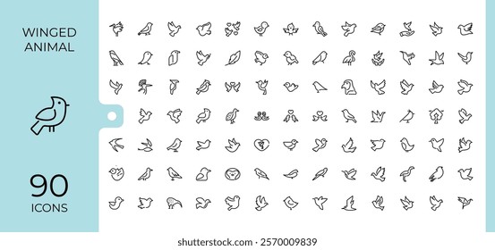 Winged Animal icons set in linear style. Includes thin line bird, cute, art, duck, dove, animal, vet, gull. Simple icon designs. Editable vector illustration.