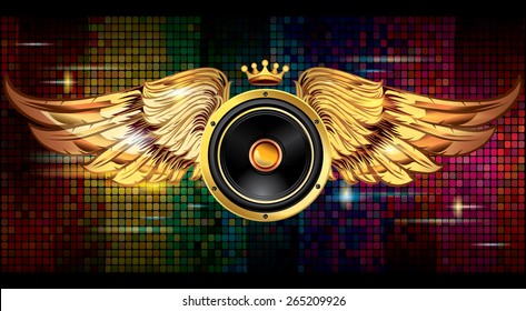 Winged audio speaker on bright colorful background