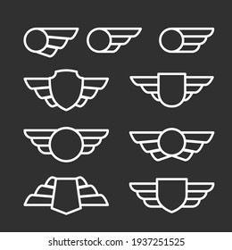 Winged badges and emblems in simple style, blazon with wings, vector