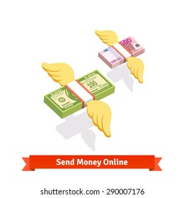 Winged banded dollar and euro bills packs flying. Angel investment, sending money. Flat style vector icons.