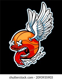 Winged basketball ball on black background.
Basketball winged character with sticking tongue.
Vector illustration.