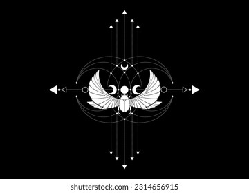 Winged beetle and Sacred geometry. Mystical scarab and triple moon, magical sign of god and goddess, white vector symbols isolated on black background. Design tattoo, print, posters, t-shirts, textile