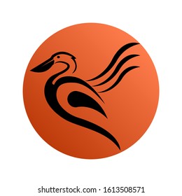 winged bird with side position, the bird's head facing sideways staring forward, circle background, abstract on its tail a little leaf with additional orange circle