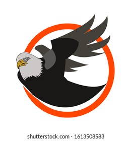 winged bird with side position, the bird's head facing sideways staring forward, circle background, abstract on its tail a little leaf with additional orange circle