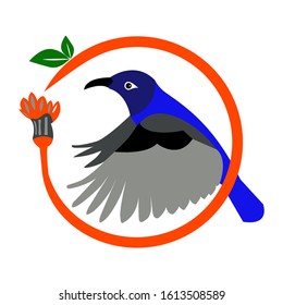 winged bird with side position, the bird's head facing sideways staring forward, circle background, abstract on its tail a little leaf with additional orange circle