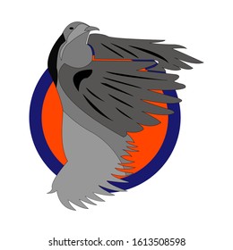 winged bird with side position, the bird's head facing sideways staring forward, circle background, abstract on its tail a little leaf with additional orange circle
