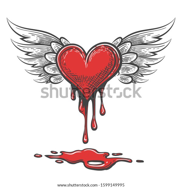 Winged bleeding heart emblem in cartoon\
style. Valentines Day Vector Illustration \
