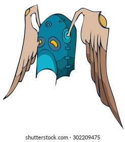 Winged Blue Medieval Fantasy Helmet, Vector Illustration. 
