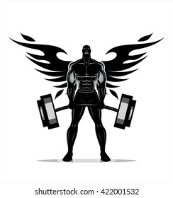 Winged Body builder. Full body Silhouette of Bodybuilder fitness model illustration, Power strength man icon suitable for fitness club, gym, Sport Fitness club creative concept. Fighter. Fighting Club