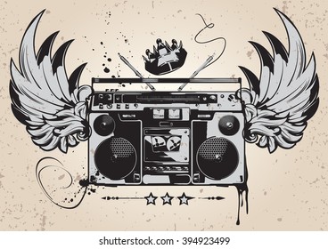 Winged boombox monochrome graffiti