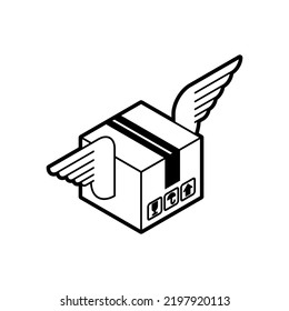 Winged box delivery sign. Parcel with wings delivery symbol