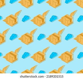 Winged Box Pattern Seamless. Parcel With Wings Delivery Background